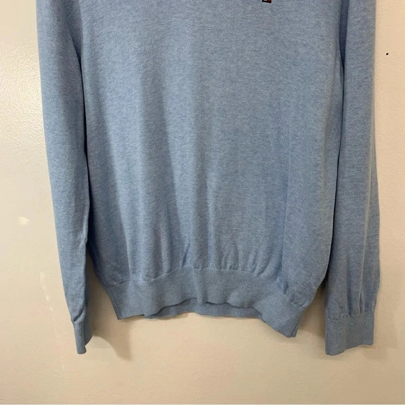 Tommy Hilfiger V Neck Sweater Men Medium Blue 100% Cotton Stretch Logo - Picture 3 of 10